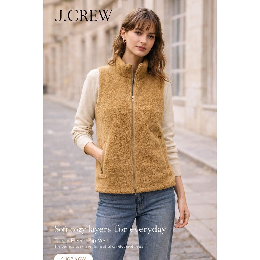 J.Crew Camel Teddy Fleece Zip Vest Sleeveless Cozy Layering‎ Size Large